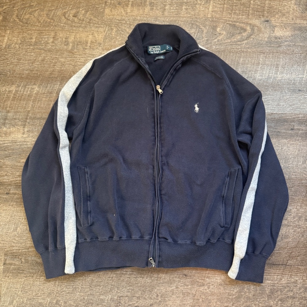 Polo Ralph Lauren Vintage  Grey Stripe Full Zip Navy Track Jacket Size XL‎